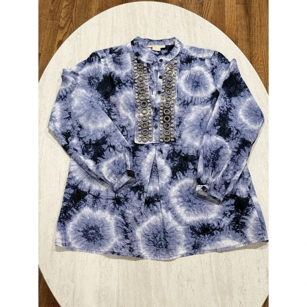 Michael Kors Top‎ M Blue Tie-Dye Beaded Bib Pleated Hippie Boho Peasant Popover